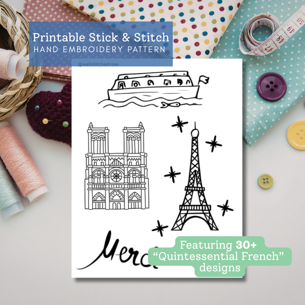 French Embroidery Pattern Bundle PDF | 30+ Vintage Paris & Cottage Style Designs | Printable Hand Embroidery Patterns