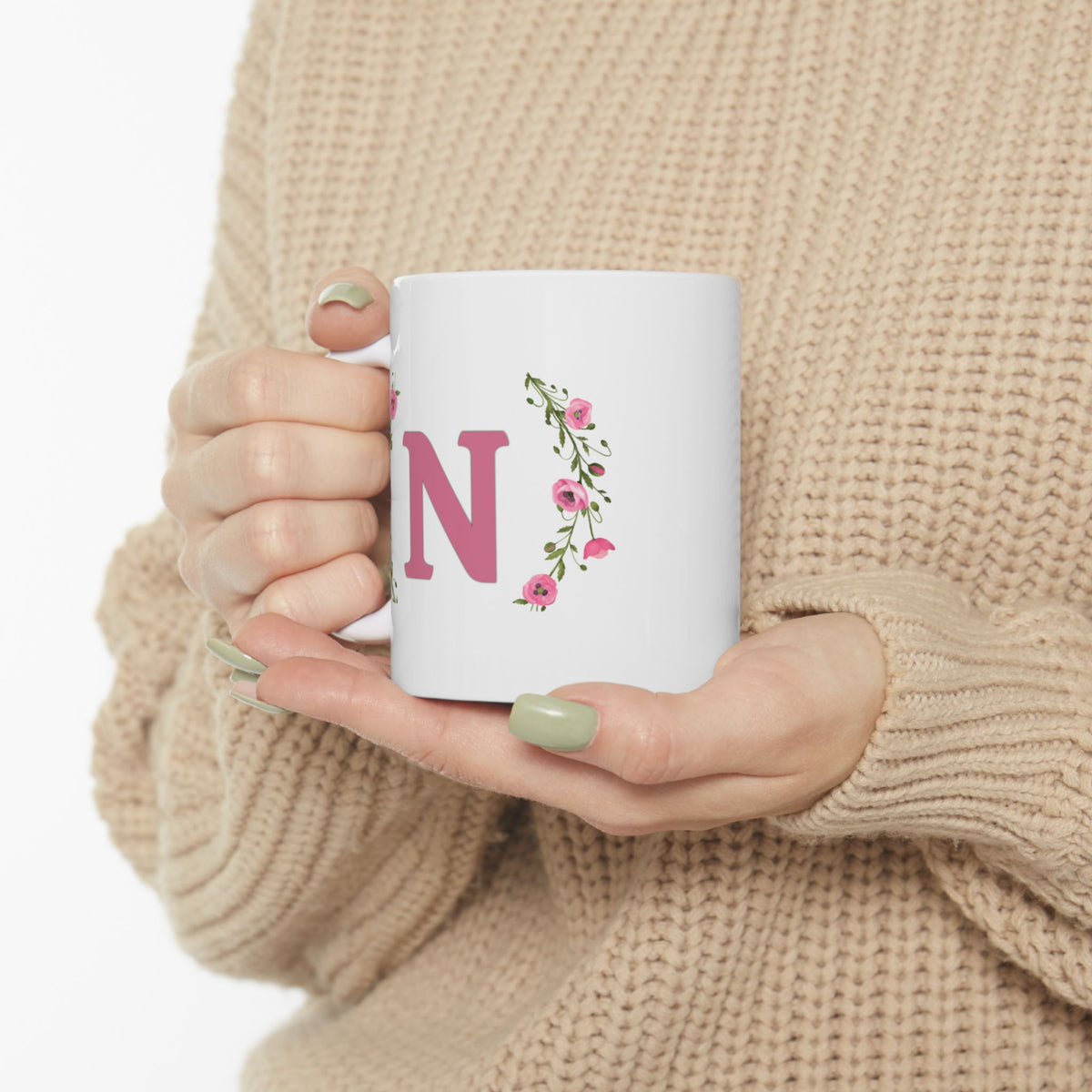 Personalized Initial Floral White Ceramic Mug, (11oz, 15oz)