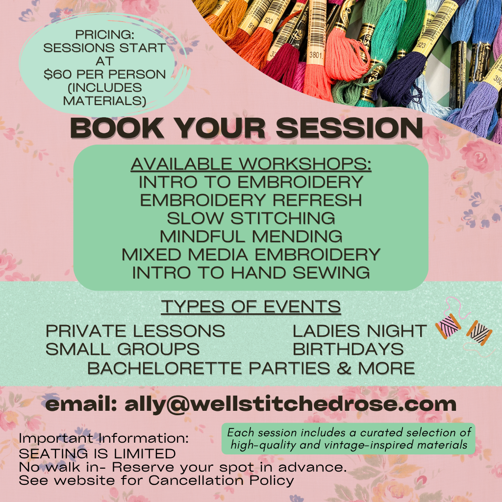 types of activities and events that are available - intro to embroidery and sewing, slow stitching, mindful mending